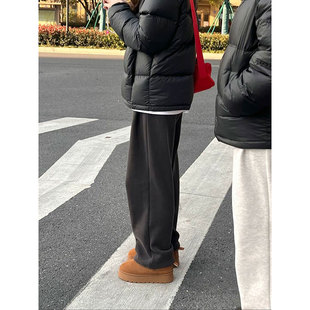 深灰色阔腿卫裤男士加绒运动裤子美式重磅无性别情侣慵懒风弯刀裤