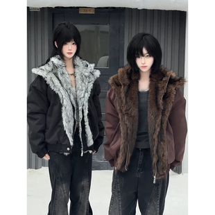 美式假两件座山雕加绒外套男款冬季高级感痞帅风双层毛领情侣棉服