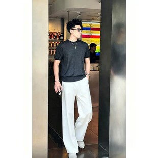 白色冰丝裤子男款夏季薄款垂感休闲直筒裤cleanfit高级感微喇西裤