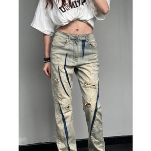 美式复古破洞牛仔裤男夏季情侣嘻哈痞帅裤子高街vibe潮牌oversize
