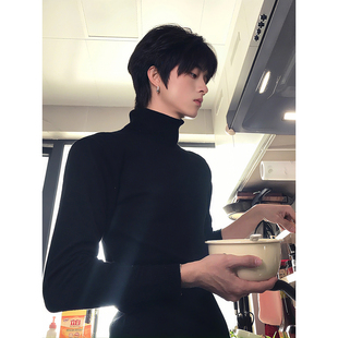 成熟稳重男装黑色高领毛衣秋冬季加绒加厚修身长袖内搭打底针织衫