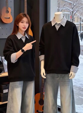 黑色假两件衬衫领卫衣男冬季格子拼接长袖内搭美式翻领打底polo衫