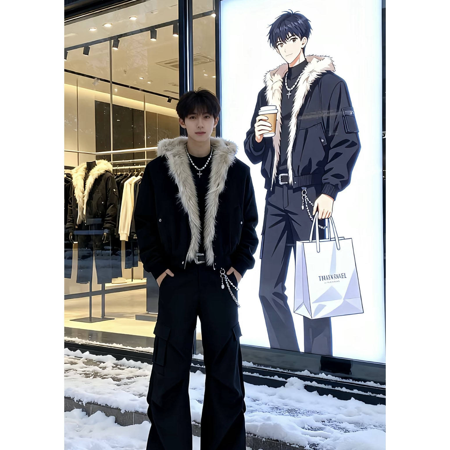 黑色国潮毛领棉衣男款冬季少年感连帽加厚外套cleanfit座山雕夹克