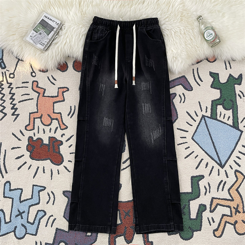 美式复古直筒松紧腰牛仔裤男春秋季街头宽松潮流vibe抽绳阔腿长裤