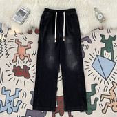 街头宽松潮流vibe抽绳阔腿长裤 男春秋季 复古直筒松紧腰牛仔裤 美式