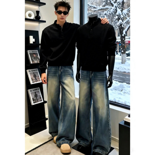 黑色正肩亨利领卫衣男冬季加绒polo长袖t恤高级感痞帅内搭打底衫