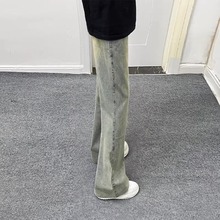 美式高街复古蓝微喇牛仔裤男款窄版直筒修身显腿长显瘦裤子弯刀裤