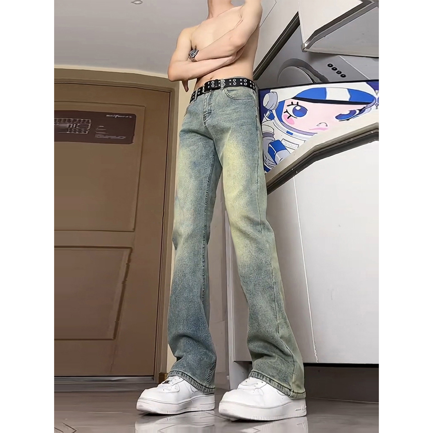 复古蓝直筒加绒牛仔裤男款