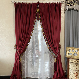 美式复古风酒红色客厅卧室加厚遮光丝绒窗帘纯色布2024成品可定制