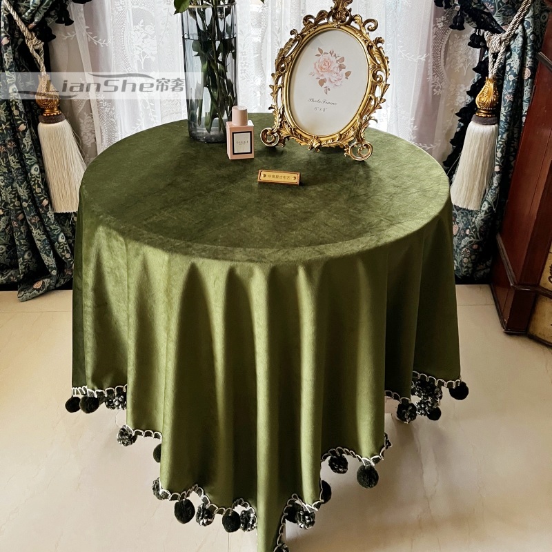 绿色圆桌布丝绒毛球边茶几布盖布