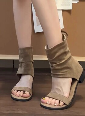 羊皮版~小个子增高3cm堆堆凉靴露趾后拉链凉靴女夏季新罗马凉鞋女