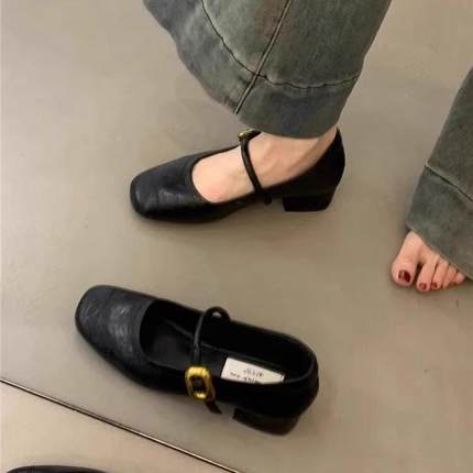 法式晚风浅口单鞋女粗跟2024秋季新款韩版小皮鞋复古中跟玛丽珍鞋