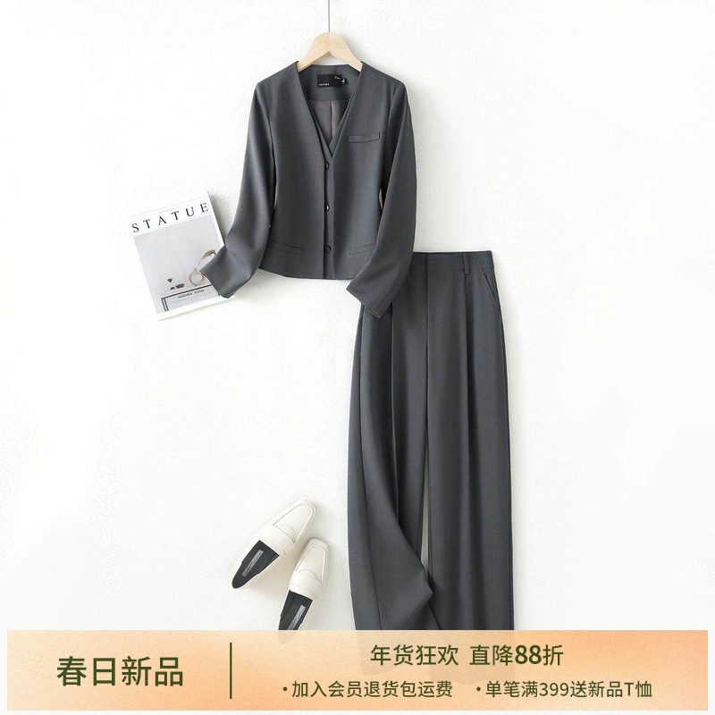 IHIMI海谧时髦双门襟西装长裤两件套女2025秋季时尚修身外套套装,女装/女士精品,时尚套装,淘宝优惠券,粉丝福利购,淘宝优惠卷