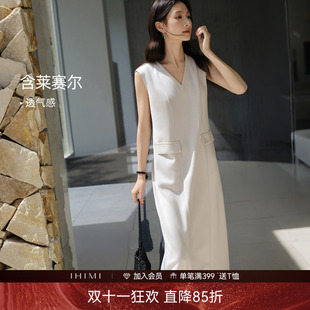 IHIMI海谧莱赛尔v领无袖垂坠感直筒背心裙夏季女款显瘦长款连衣裙