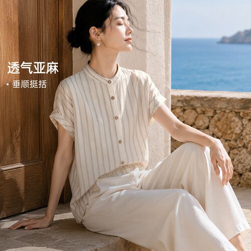 IHIMI海谧法式含亚麻条纹衬衫