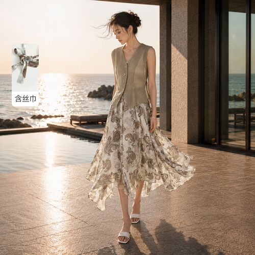 IHIMI海谧腰果花马甲半裙套装