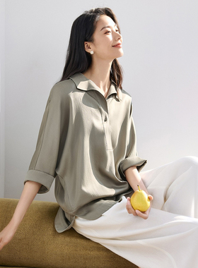 IHIMI海谧法式轻奢100莱赛尔V领衬衫女2026夏季新款极简阔版上衣