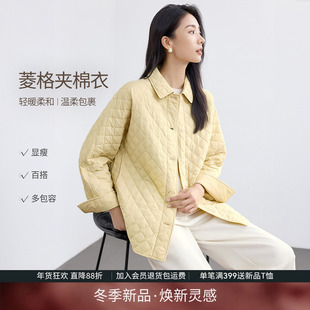 IHIMI海谧减龄菱格夹棉棉衣女冬季小棉袄衬衫领保暖厚实棉服外套