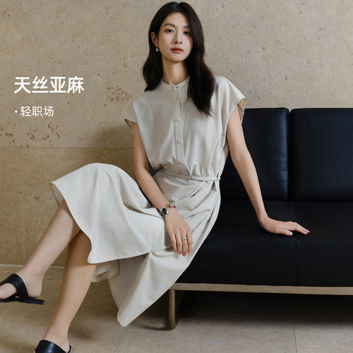 夏季通勤莱赛尔亚麻盖袖衬衫裙