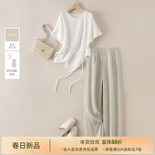 IHIMI海谧高级感时髦套装 套装 女2025夏季 不规则T恤显瘦上衣阔腿裤