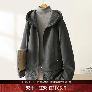 IHIMI海谧复古拼接连帽棉服女2026年冬季休闲设计感中长款外套