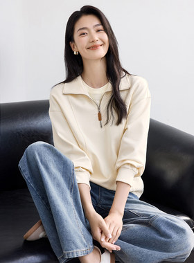 IHIMI海谧美式半拉链春装薄款宽松白色卫衣女春季休闲百搭上衣