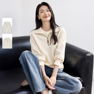 IHIMI海谧美式半拉链春装薄款宽松白色卫衣女春季休闲百搭上衣