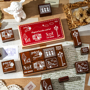 法语祝福短语印章套盒跨境复古荷木手账印章9枚入高级感手账印章