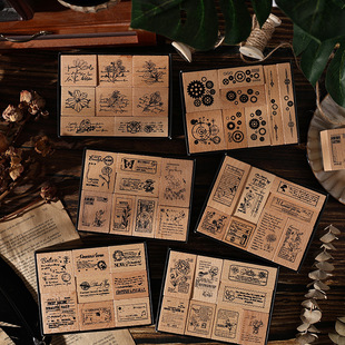 暮光印记木质印章套盒diy手账日记装饰印画跨境榉木英文花卉印章