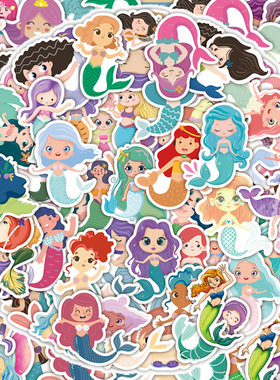 50张卡通美人鱼儿童奖励贴纸防水行李箱汽车手机壳sticker