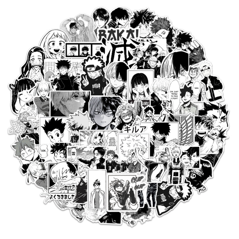 50张黑白卡通动漫人物文具贴纸防水手机笔记本文行李箱sticker