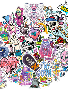 50张混色骷髅新哥特贴纸暗黑紫色哥特贴纸装饰行李箱DIY贴画涂鸦