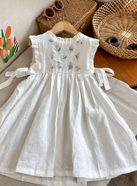 2024新女童纯亚麻刺绣碎花连衣裙宝宝夏季新款洋气长裙儿童裙子潮