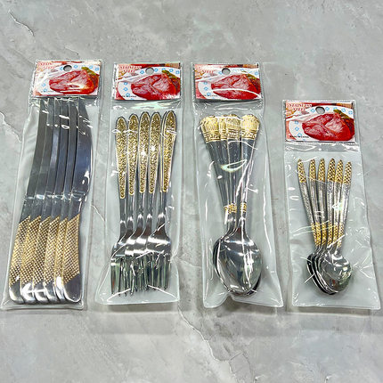 亚马逊跨境不锈钢餐具6件套皇冠镀金牛排刀叉勺子套装pvc卡头袋装