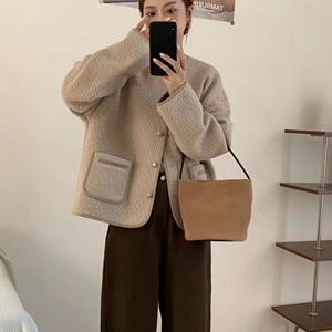 50%羊毛小香风圆领外套女24秋冬新款韩版休闲百搭单排扣上衣外套