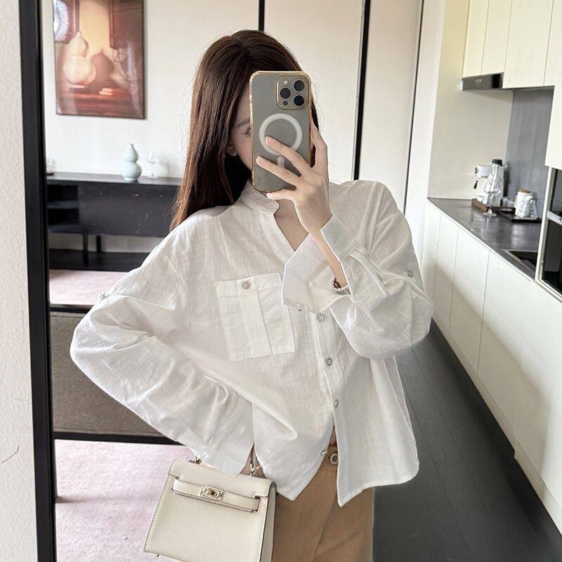 外搭薄款V领长袖白色防晒衬衫外套女夏季2026新款轻奢高级感上衣