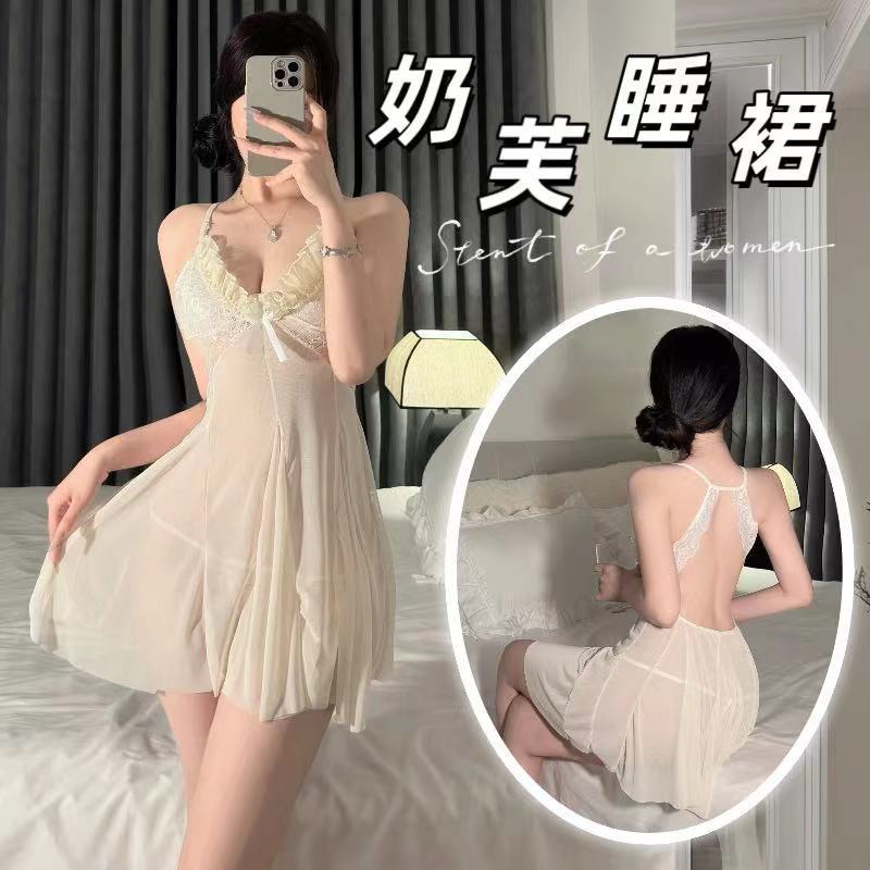 夜趣性感吊带连衣裙美背居家服纯欲透视蕾丝悄趣内衣诱惑小胸制服