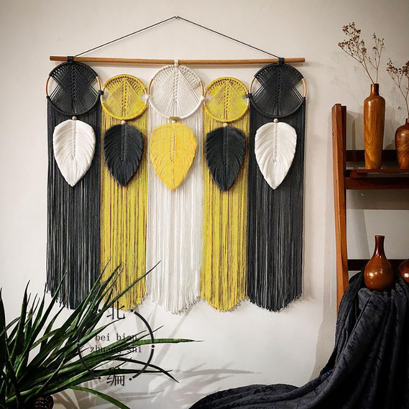 手工编织羽毛树叶流苏彩色渐变挂毯床头电视背景墙装饰diy材料包