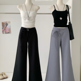 VENUIE伦敦高街灰色设计感鸡眼系带绑带低腰微喇休闲裤