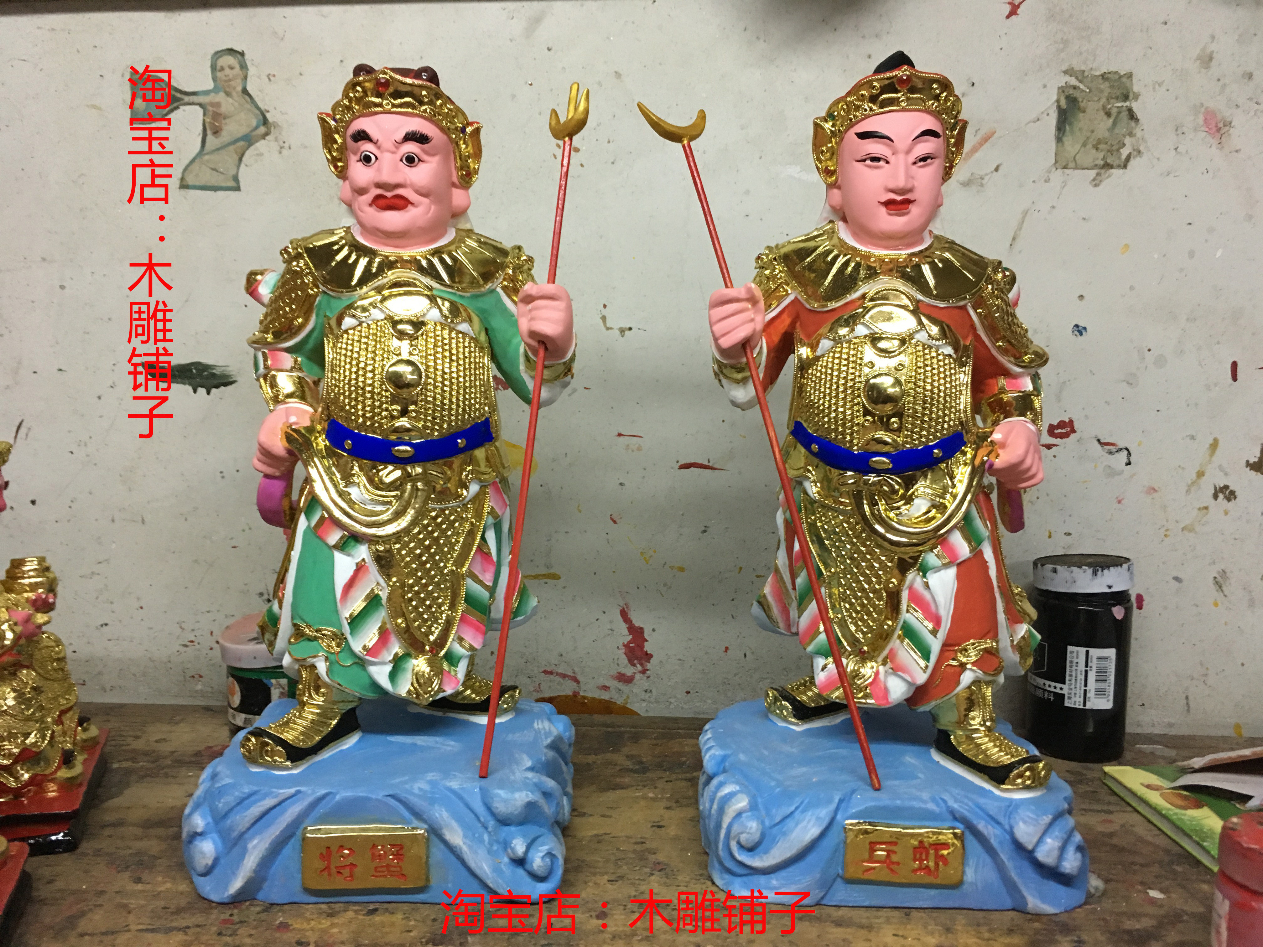 樟木蟹将虾兵木雕佛像