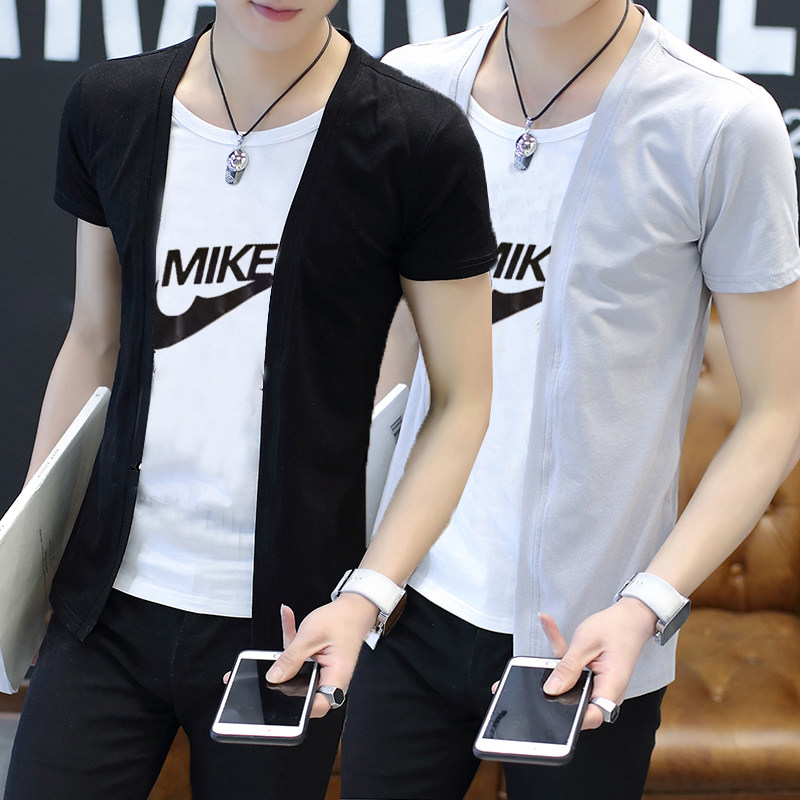 短袖t恤男潮流假两件韩版非主流青少年上衣帅气发型师半袖T恤开衫