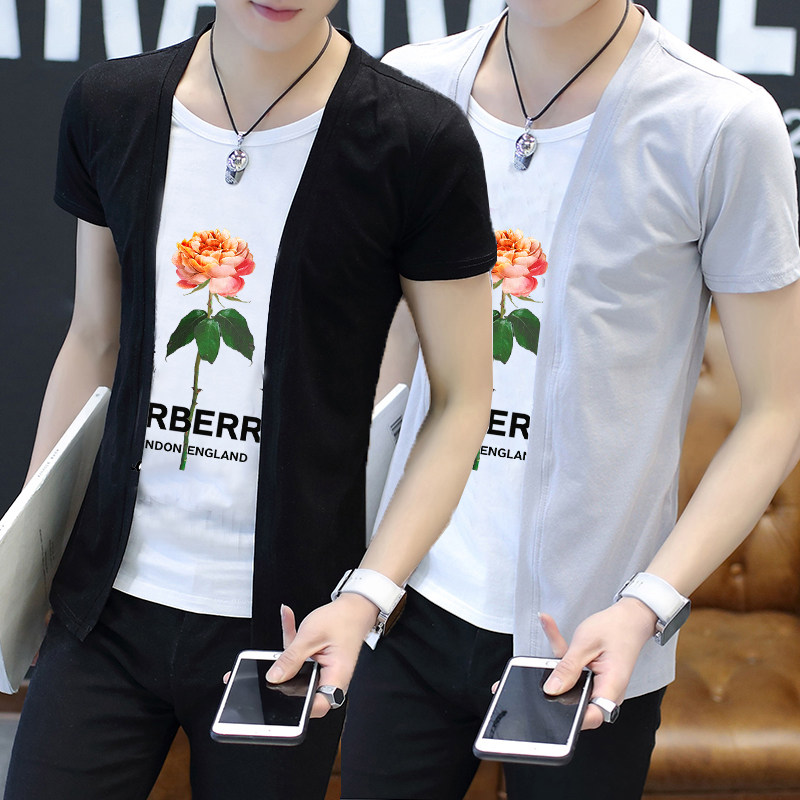 冰丝短袖T恤男士假两件2026夏季新款潮流纯棉上衣个性非主流男装