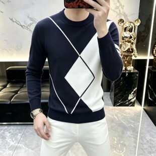 青少年学生圆领毛衣男韩版潮流秋冬季潮牌个性长袖针织衫上衣服帅