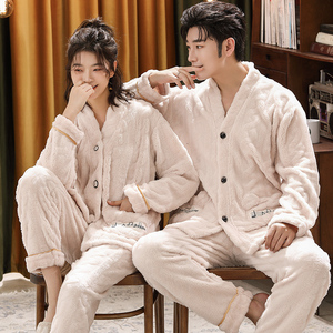 珊瑚绒情侣秋冬新款男士加绒睡衣