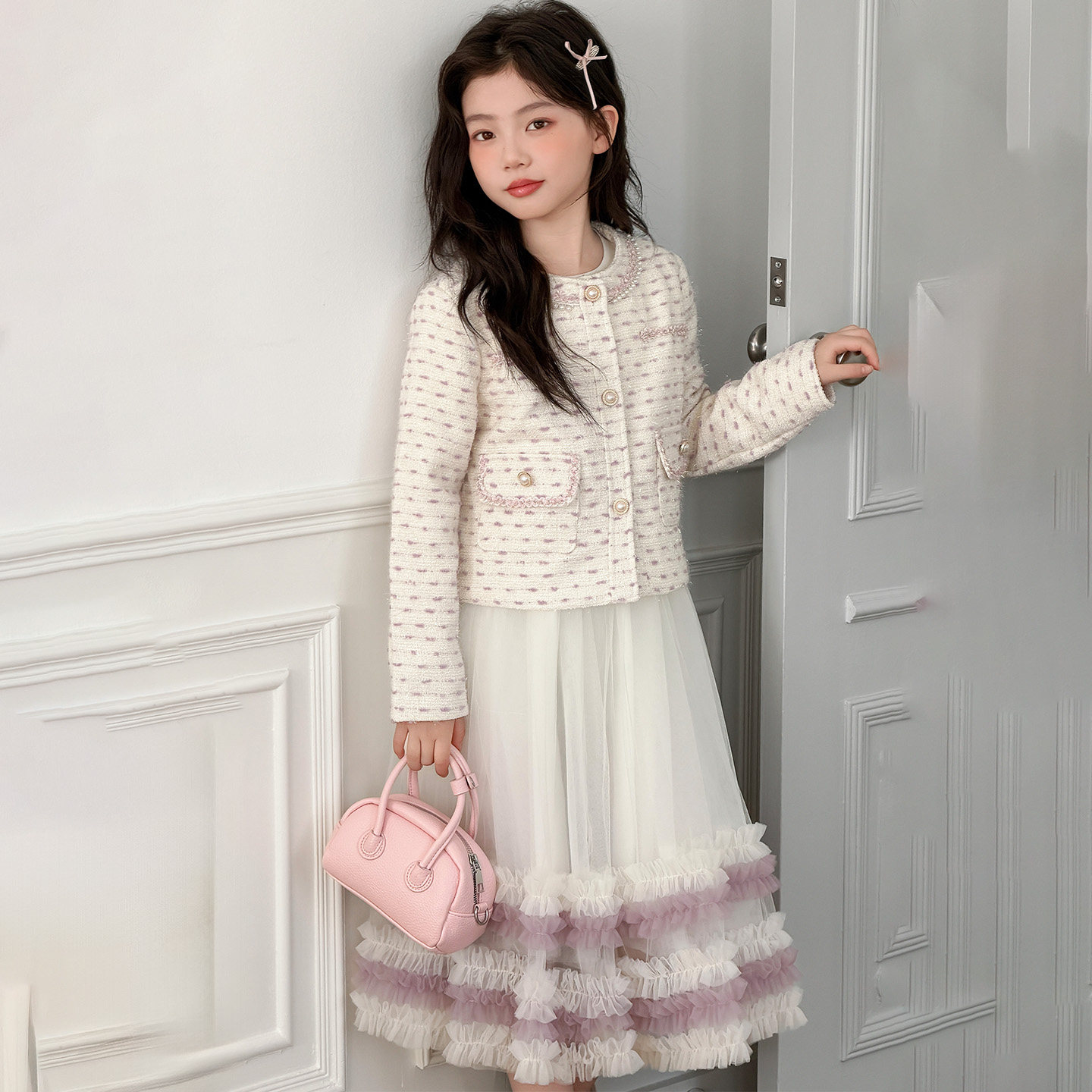 女童小香风套装春装2026新款春季洋气公主裙两件套花边亮片蛋糕裙