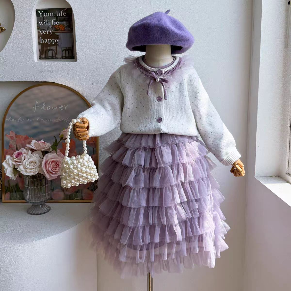 女童小香风针织开衫外套蛋糕套装