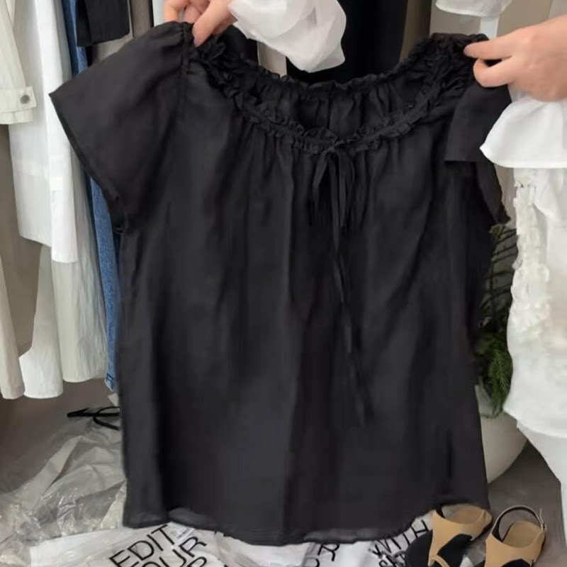 黑色棉麻花边圆领飞飞袖系带上衣