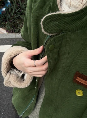 爆火力荐系列！绿色灯芯绒立领拉链夹克开衫冬季新款工装风小外套