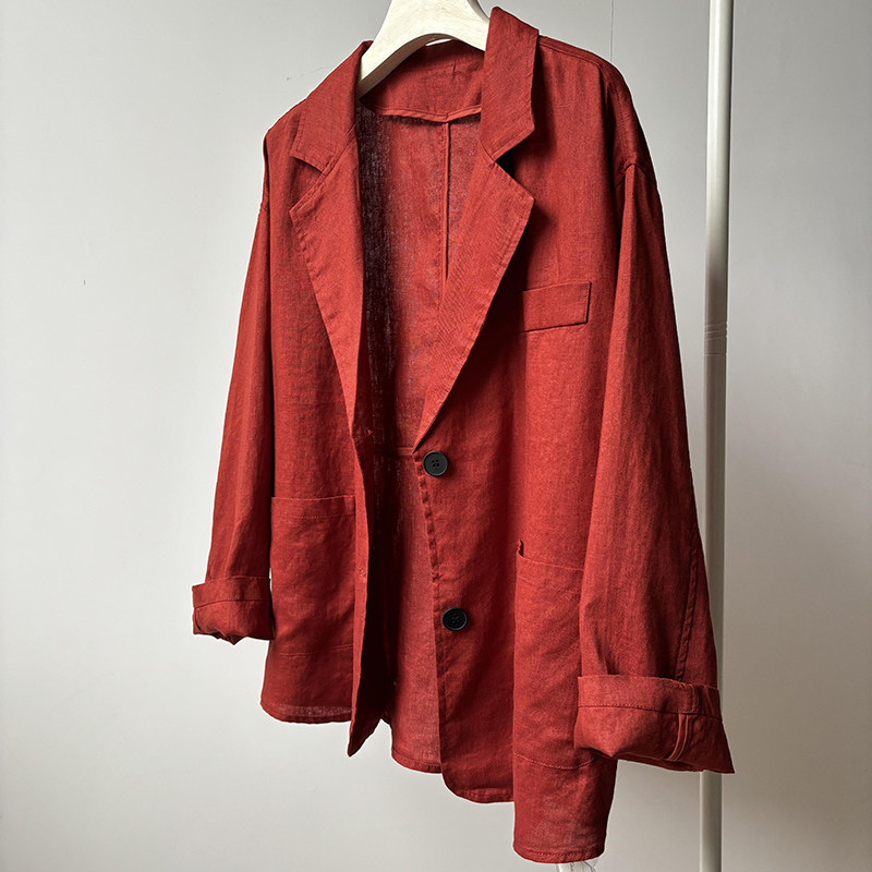 CHAO级穿搭！复古红色亚麻工装风大口袋西装外套春季棉麻通勤开衫
