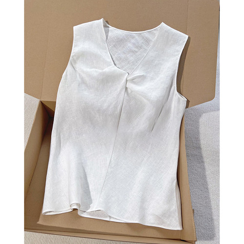 白色V领扭结设计感无袖上衣夏季